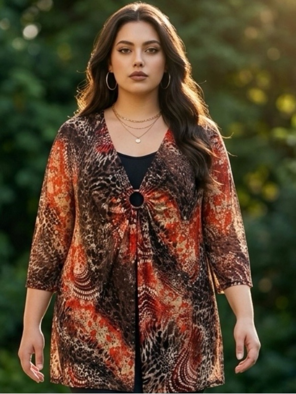 2 for $30 | Y2K V-Neck 3/4 Sleeve Tunic with Center Ring
